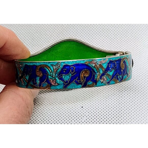 Vtg Rajasthani India Cloisonne Enamel Elephant Bangle Bracelet Sterling Silver - Picture 2 of 9